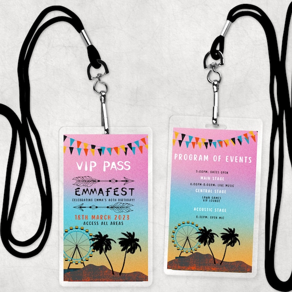 Personalised digital festival VIP pass, fits in lanyard pouch, I edit, you print at home, birthday party, hen night, graduation party