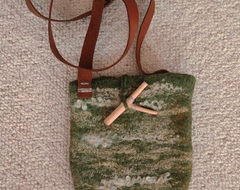 Forest history, hand-felted crossbody bag, felt bag for hanging