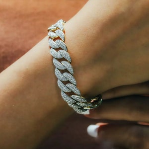 Bransoletka z 14 mm ogniwami kubańskimi Iced Out, Hip Hop Bling, Bransoletka unisex, Prezent dla niego/niej, Naturalna bransoletka z moissanitu z kubańskim srebrem próby 925
