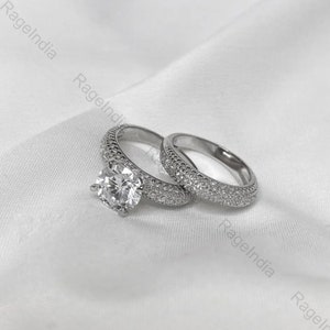 3 CT Round Cut Moissanite Engagement Ring, 14K Gold Moissanite Bridal Ring Set For Her, Wedding Set Rings, Bridal Set Half Eternity Band