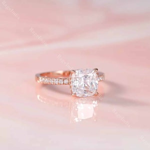 3.00ct Cushion Cut Moissanite Engagement Ring, Hidden Halo Moissanite Wedding Ring, Pave Setting Band, Anniversary Gift Promise Ring For Her