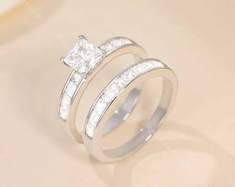 2CT Princess Cut Moissanite Engagement Ring, 14K Gold Moissanite Bridal Ring Set For Her, Wedding Set Rings, Bridal Set Half Eternity Band