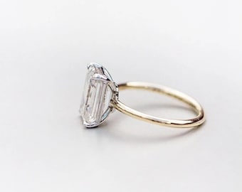 3 Ct Emerald Cut Moissanite Engagement Ring, Solitaire Hidden Halo Ring, Moissanite Wedding Ring, 14K/18K Solid Gold Ring, Gift Ring