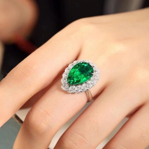 3.0 CT Pear Cut Green Diamond Engagement Ring, Wedding Anniversary Ring Gift For Her, 14K Gold Unique Bridal Ring, Hidden Halo Promise Ring