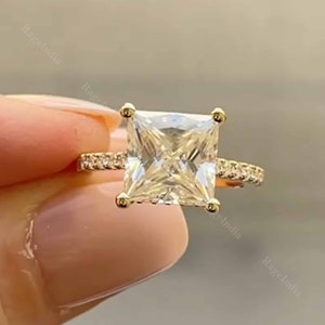 3.0ct Princess Cut Moissanite Engagement Ring, Hidden Halo Moissanite Wedding Ring, Pave Setting Band, Anniversary Gift Promise Ring For Her