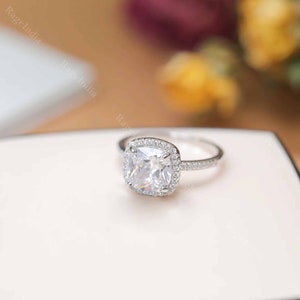2.50ct Cushion Cut Moissanite Engagement Ring, Hidden Halo Moissanite Wedding Ring, Pave Setting Band, Anniversary Gift Promise Ring For Her