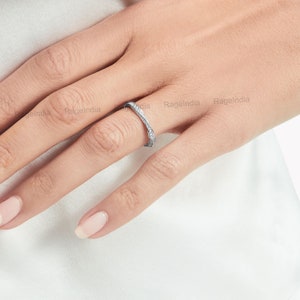 2 MM Round Moissanite Curved Wedding Band Women, 14k White Gold Chevron Ring, V Shape Ring, Stackable Band, Anniversary Band Gifts For Her