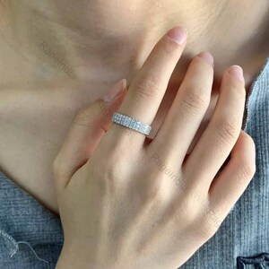 Moissanite Wedding Band, Round Cut Moissanite Half Eternity Band, 14K Gold Three Row Ring,Three Row Stacking Band, Daily Wear Ring For Women