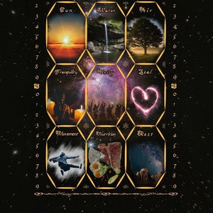 May include: A black and gold board with a tree at the top and the words "The Board" in a decorative font. The board is divided into nine hexagonal sections, each with a different image and word. The words are "Sun", "Water", "Air", "Tranquility", "Unity", "Zeal", "Movement", "Nutrition", and "Rest".