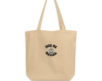 Feed Me Matcha Embroidered Tote Bag Aesthetic Natural