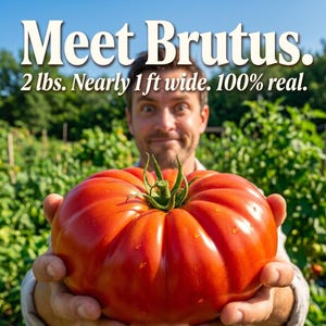 Op de afbeelding: Een grote, rijpe rode tomaat, vastgehouden voor een persoon, met de tekst "Meet Brutus." De tomaat weegt ongeveer 900 gram en is bijna 30 cm breed. De achtergrond toont een tuin.