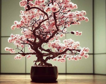 May include: A bonsai tree with pink blossoms in a dark brown pot. The tree is in front of a light green background with a grid pattern.