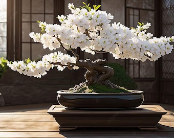 Może przedstawiać: Drzewko bonsai z białymi kwiatami w czarnej ceramicznej doniczce na drewnianym stojaku. Drzewko znajduje się w pokoju z oknem za nim.
