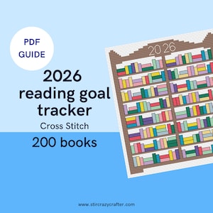 Peut inclure: Un suivi des objectifs de lecture en point de croix pour 2026, avec un motif d'étagère remplie de livres colorés. Le texte indique "2026 reading goal tracker Cross Stitch 200 books" et "PDF GUIDE". Fond bleu clair.