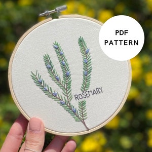 Rosemary Flower Art Hand Embroidery PDF Pattern: Beginner Easy Stitch Nature Herb Wall Decor