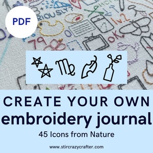 Könnte beinhalten: Eine blaue und weiße Grafik mit dem Text "CREATE YOUR OWN embroidery journal" und "45 Icons from Nature". Die Grafik enthält auch einen weißen Hintergrund mit einer Vielzahl von bunten Stickereien.