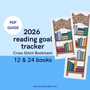 May include: A cross-stitch bookmark design with a bookshelf theme, featuring the year 2026. The bookmark is designed to track reading goals for 12 or 24 books. The image also includes the text "PDF GUIDE".