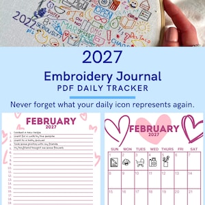 May include: A digital embroidery journal PDF daily tracker for 2027 featuring a calendar layout with pink heart graphics and a list for daily activities. The document includes icons for writing, seashells, baby carriages, cameras, and flowers.