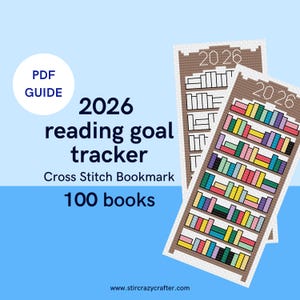 Könnte beinhalten: Auf blauem Hintergrund ein weißer Kreis mit den Worten "PDF GUIDE". Das Bild zeigt zwei Kreuzstich-Lesezeichen mit einem Bücherregal-Design, dem Jahr 2026 und dem Text "reading goal tracker". Der Text "100 books" ist ebenfalls vorhanden.