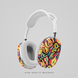 Pu&ograve; includere: Cuffie bianche over-ear con un motivo astratto colorato su un padiglione. Le cuffie hanno un'archetto imbottito e padiglioni.