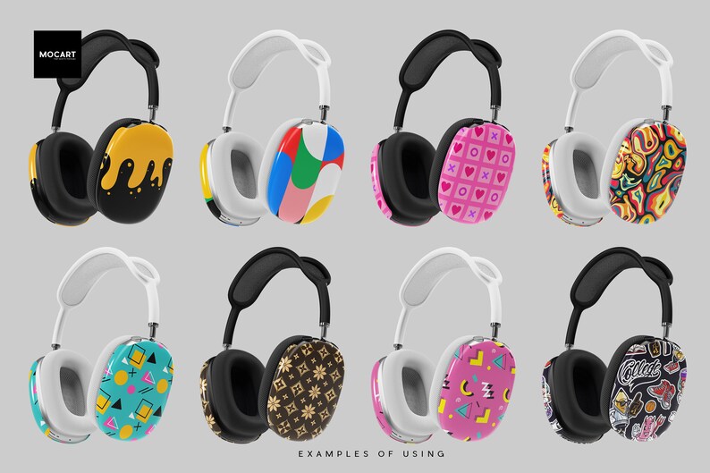Pu&ograve; includere: Otto paia di cuffie over-ear con diversi motivi colorati. Le cuffie hanno padiglioni auricolari neri o bianchi e un'archetto.