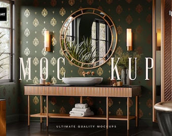 May include: A gold-framed mirror with a green and gold patterned wallpaper behind it. A gold-colored bathroom vanity with a white sink and a stack of towels on the bottom shelf. The text "MOCKUP" is written in white letters on the wall.
