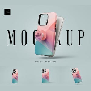 Puede incluir: Una maqueta de una funda de teléfono con un soporte pop. La funda es rosa, azul y blanca con un patrón geométrico. El soporte pop es rosa con las palabras "Pop Socket" en blanco.