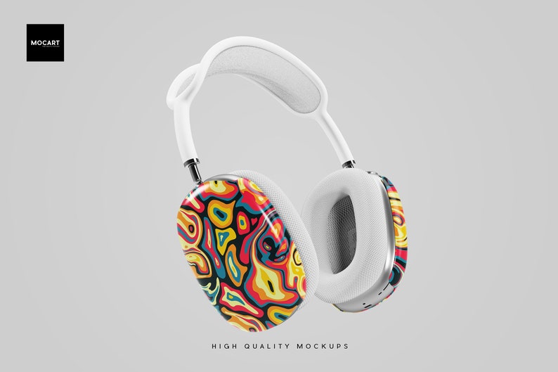 Pu&ograve; includere: Cuffie wireless bianche con un motivo astratto colorato su un padiglione. Le cuffie hanno un'archetto e padiglioni bianchi.