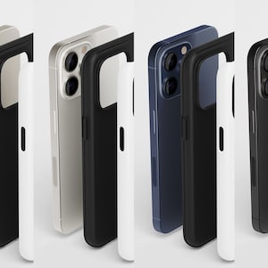 May include: Four iPhone cases in different colors: gold, silver, blue, and black. Each case is shown with a separate white case.
