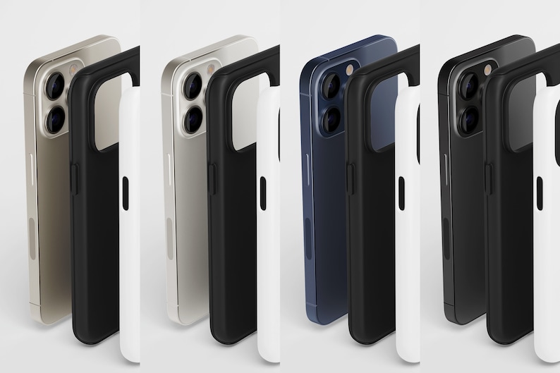 May include: Four iPhone cases in different colors: gold, silver, blue, and black. Each case is shown with a separate white case.