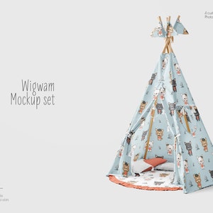 Könnte beinhalten: Ein blaues und weißes Tipi-Zelt mit einem Hundemuster. Das Tipi hat einen roten und weißen Teppich und zwei Kissen im Inneren. Das Tipi ist ein Spielzelt für Kinder.