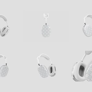 Pu&ograve; includere: Cuffie bianche over-ear con un motivo a scacchi sulle coppe auricolari. Le cuffie sono mostrate in varie posizioni, tra cui appese a un gancio.