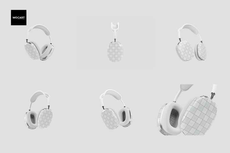 Pu&ograve; includere: Cuffie bianche over-ear con un motivo a scacchi sulle coppe auricolari. Le cuffie sono mostrate in varie posizioni, tra cui appese a un gancio.
