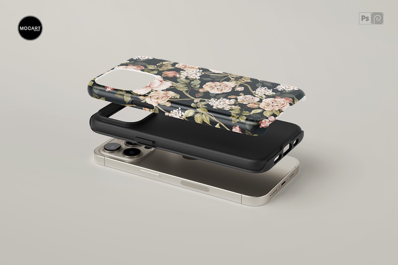 May include: A black phone case with a floral pattern featuring pink and white roses on a dark background. The case is shown separated from a black phone case and a gold phone.