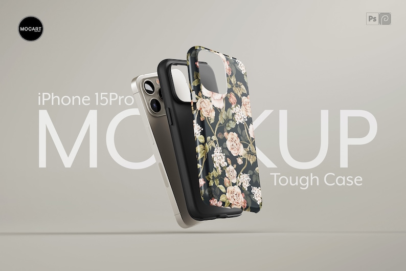 May include: A mockup of a floral phone case for an iPhone 15 Pro. The case is black with a floral pattern in shades of pink, white, and green. The phone case is shown with a gold iPhone 15 Pro.