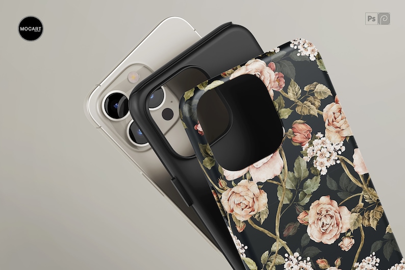 May include: A black phone case with a floral design featuring pink roses and green leaves on a black background. The case is shown with a clear phone case and a black phone case.