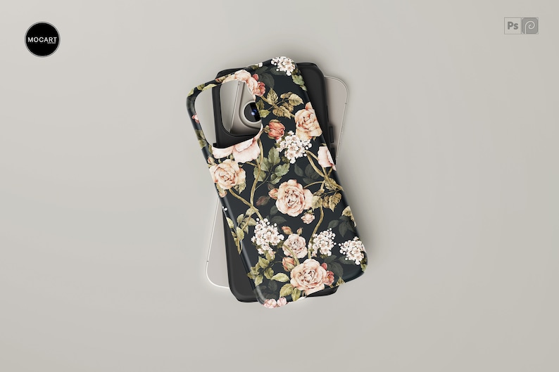 May include: A black phone case with a floral pattern featuring pink and white roses and green leaves on a black background.