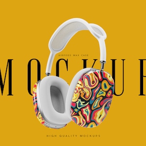 以下が含まれることがあります： カラフルな抽象的なデザインが施された白いAirPods Maxケースのモックアップ。ケースは、黒い文字で「MOCKUP」と書かれた黄色の背景に表示されています。