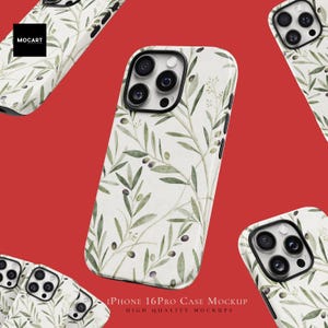 Może przedstawiać: Biały makieta etui na iPhone'a 16 Pro z powtarzającym się wzorem gałązek oliwnych i oliwek w kolorze zielonym i czarnym. Etui ma błyszczące wykończenie i czarny moduł aparatu. Tekst "MOCART" znajduje się w lewym górnym rogu.