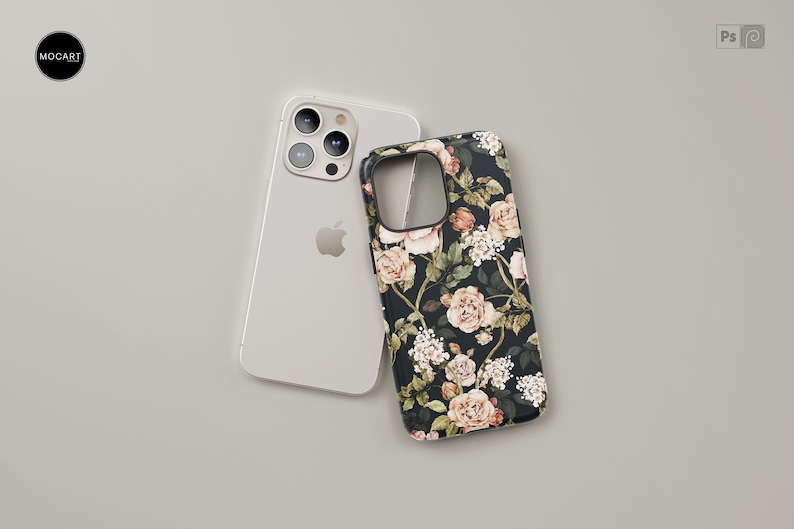 May include: A white iPhone with a floral phone case. The case has a black background with pink and white flowers.