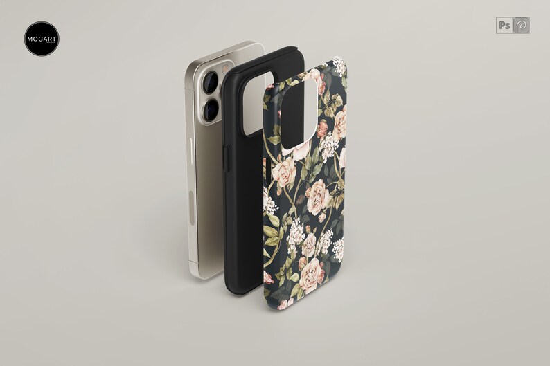 May include: A black phone case with a floral pattern of pink roses and white flowers on a dark background. The case is shown next to a gold phone.