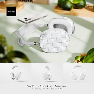 以下が含まれることがあります： グリッドパターンが付いた白いAirPods Maxケースのモックアップ。ケースは3つの異なる角度から表示されています。