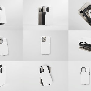 May include: A set of six white phone cases with a camera cutout. The cases are shown in different positions and angles.