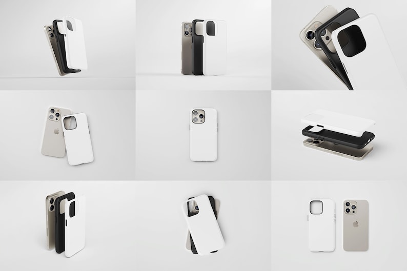 May include: A set of six white phone cases with a camera cutout. The cases are shown in different positions and angles.
