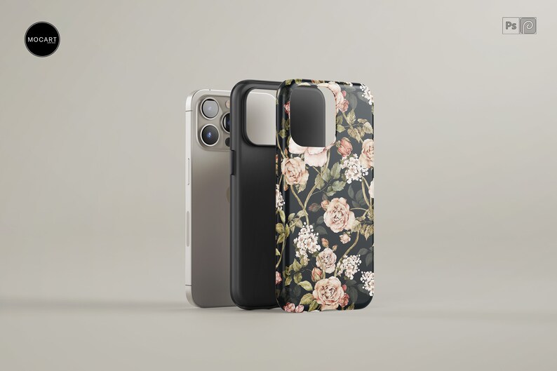 May include: A black phone case with a floral pattern featuring pink and white roses on a dark background. The case is shown next to a silver iPhone.