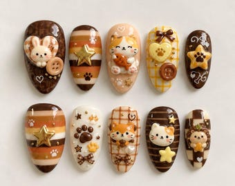 Handmade Cute Cat Press On Nails | Brown Gingham Bow Paw Print Art | Cozy Kawaii Mismatched Short Almond Fake Nails