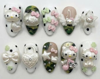 Pearl Kitty Press On Nails, 3D Camo Sanrio Manicure, Handmade Polka Dot Fake Nails, Cute Kawaii Art Set