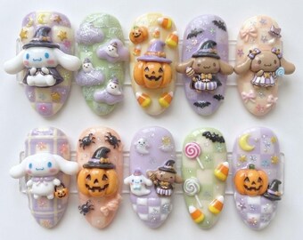 Halloween Sanrio Press On Nails | Cute 3D Character Nail Art | Pumpkin Ghost Kawaii Fake Nails | Pastel Holiday Nail Set