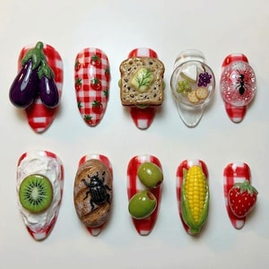 Picnic Food Nail Art | 3D Eggplant Bread Olive Corn Strawberry Press On Nails | Red Gingham Fake Nails Set