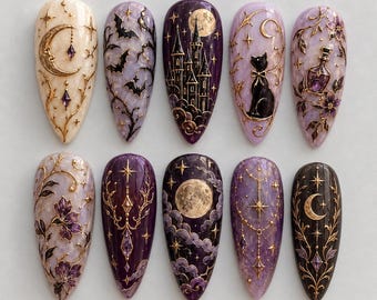 Handmade Gothic Celestial Press On Nails | Moon Star Witchy Dark Fantasy Art | Purple Black Gold Almond Fake Nails